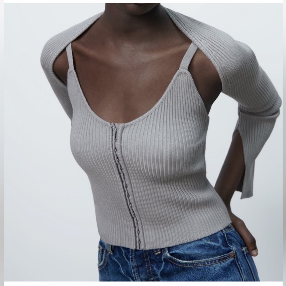 ZARA Gray Corset Ribbed Knit Arm Warmer Bolero Sweater & Cami Blouse sz Medium